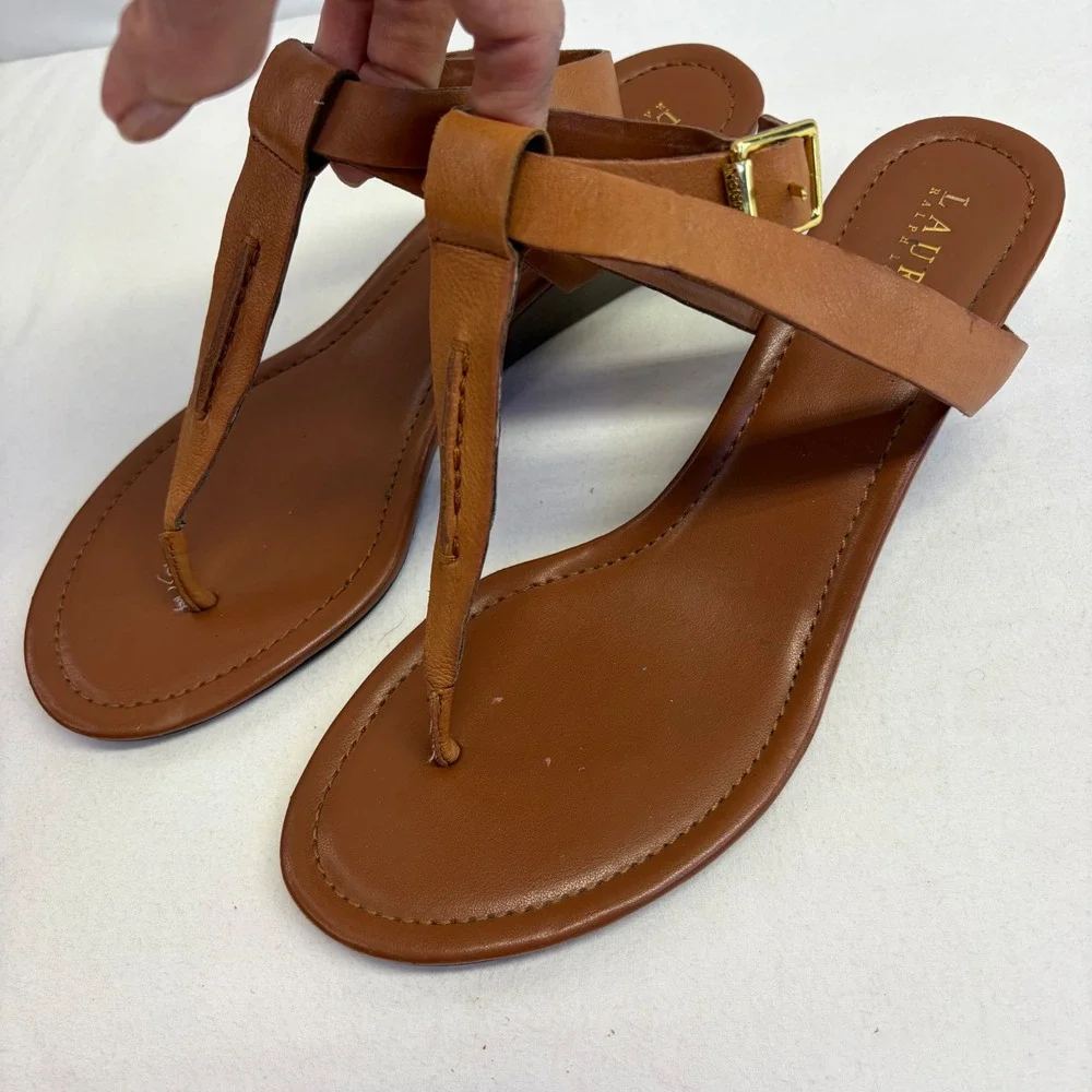 Lauren Ralph Lauren Wedge Sandals Womens 10B Brown Leather T-Strap Boho Preppy